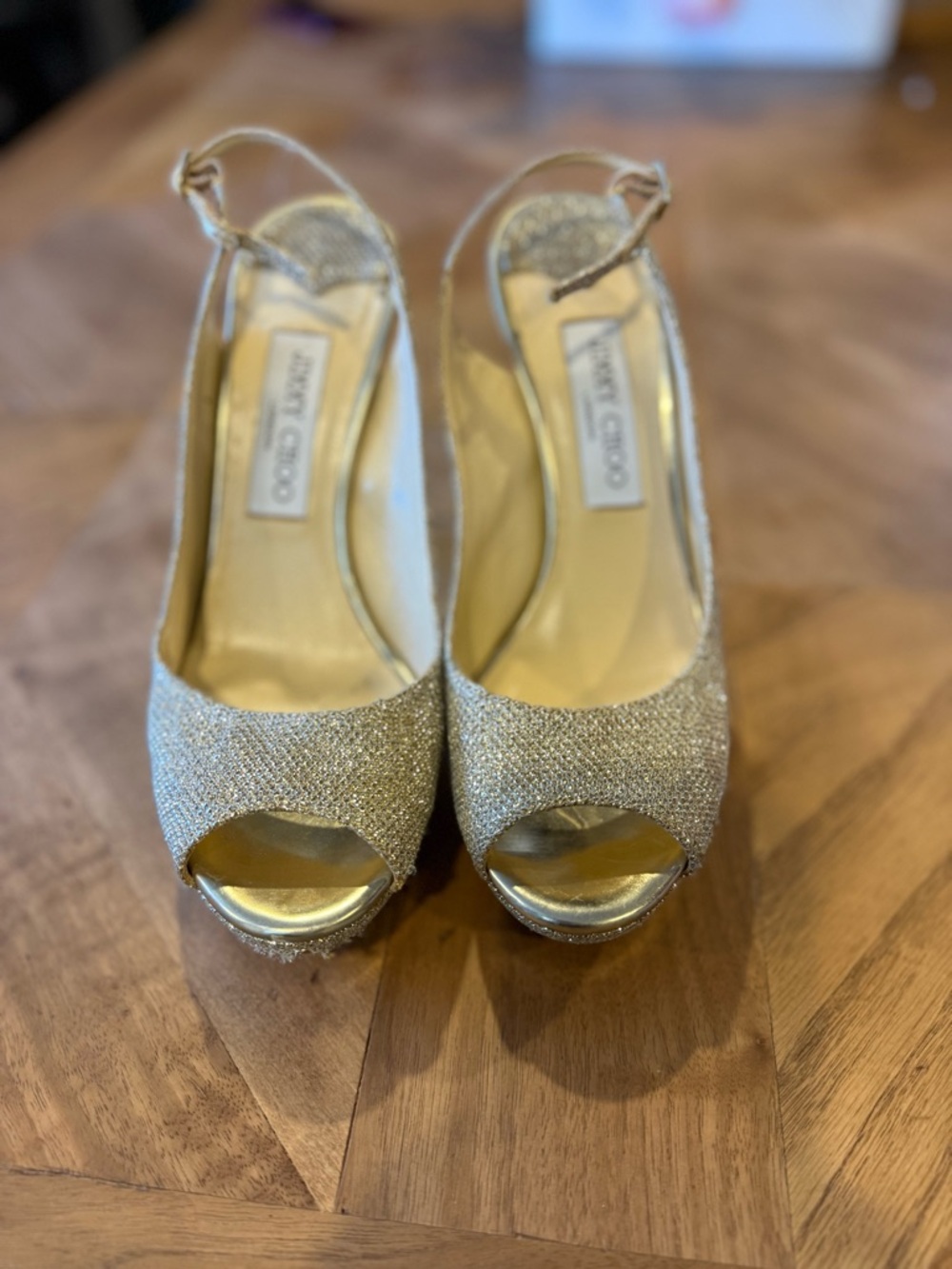 Jimmy Choo Gold Glitter Peep-Toe Slingback Platform Heels
